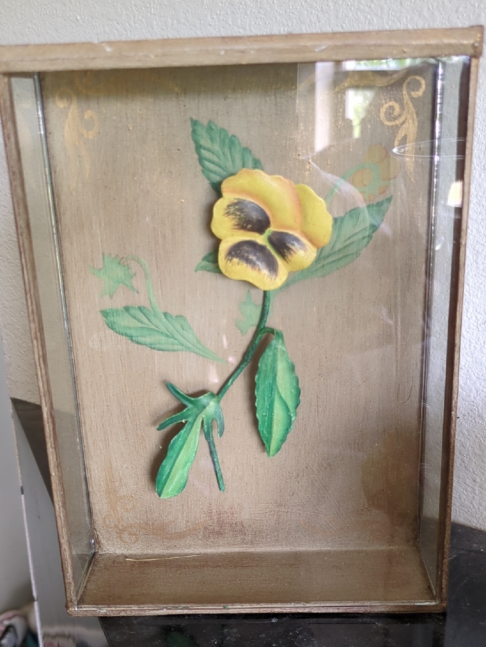 Yellow Pansy Glass Art Wall Panel with Green Leaves